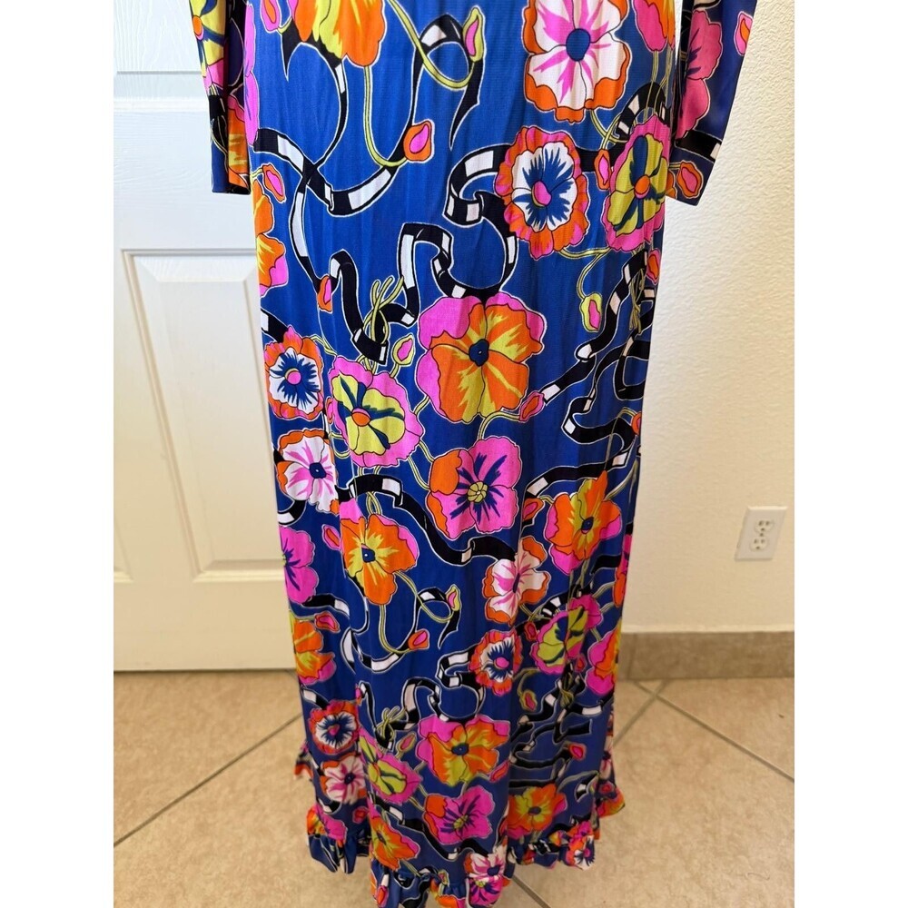 Patricia Fair XS Blue Floral Ruffle V neck Maxi Dress Long Sleeve - Picture 6 of 16